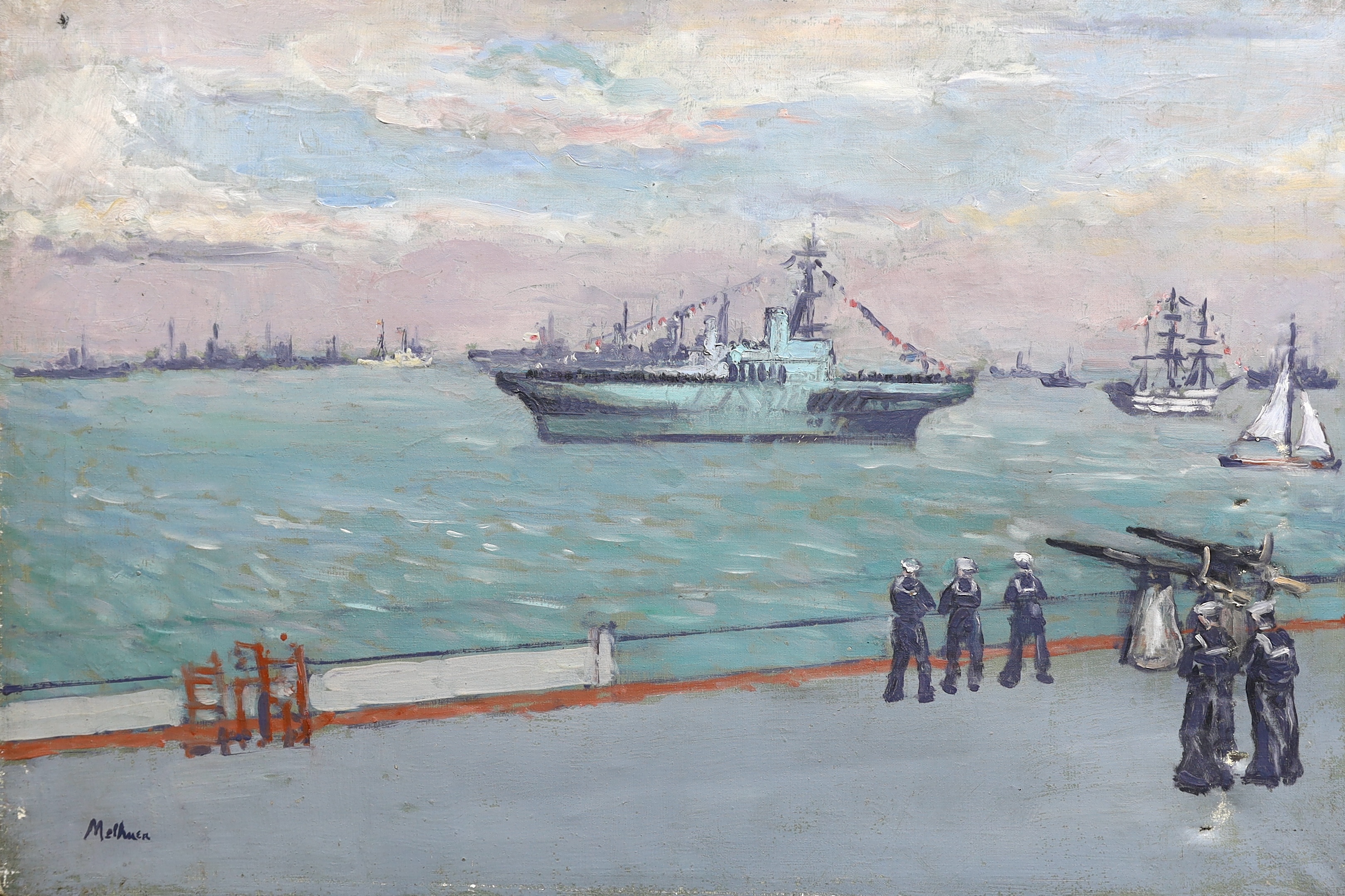 Lord Methuen (English, 1886-1974), Spithead Review 'The Surprise' with HM The Queen on board, coming into view before inspecting line of aircraft carriers', oil on canvas, 51 x 76cm
